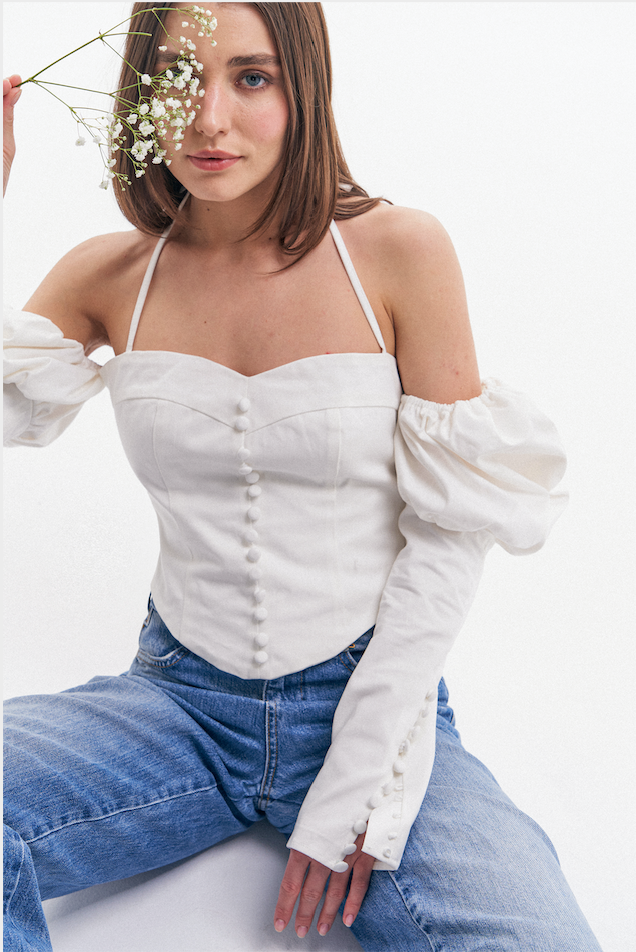 White colored bustier shirt with puff sleeves for women