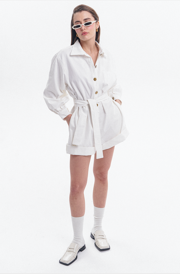 White colored khaki romper with long sleeves for women