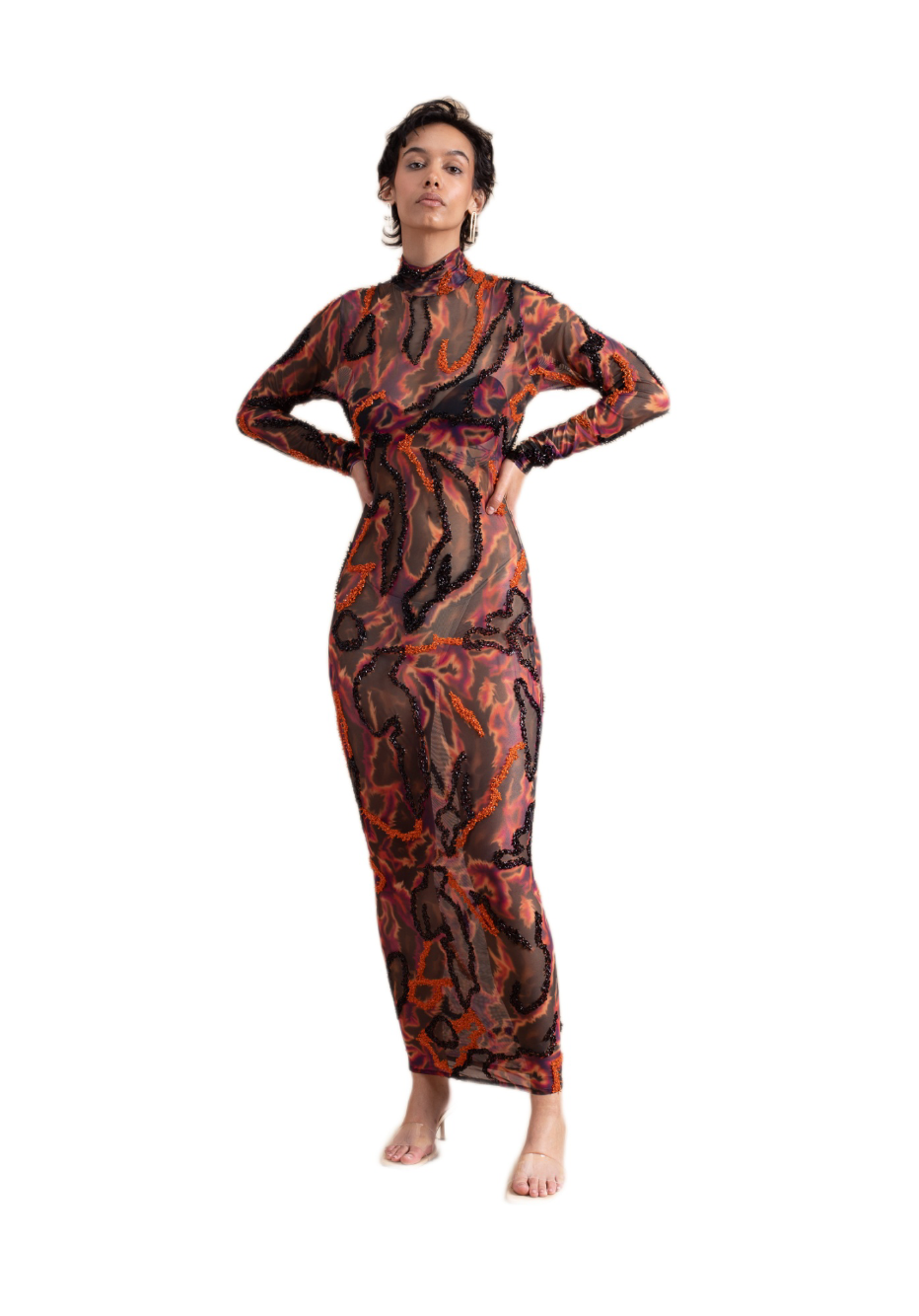 Model wearing a mesh long sleeved maxi dress with red and purple hand beading for women