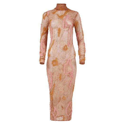 Mesh long sleeved maxi dress in nude color with pink beading pattern for women