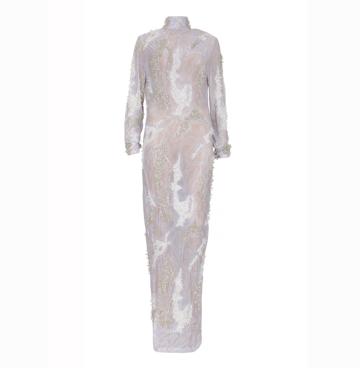 Mesh long sleeved maxi dress in white color with white beading pattern for women