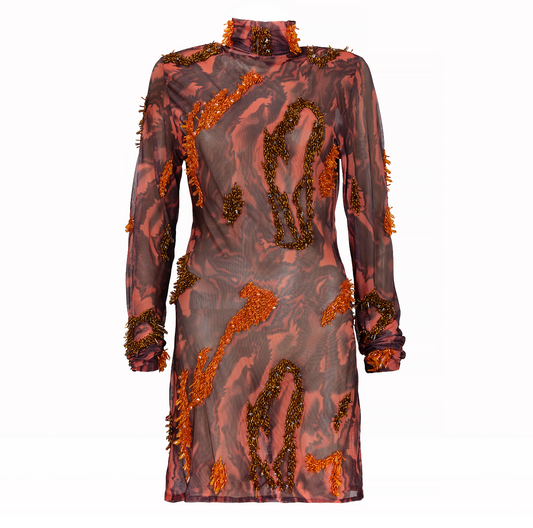 Mesh long sleeved mini dress in brown color with orange beading pattern for women