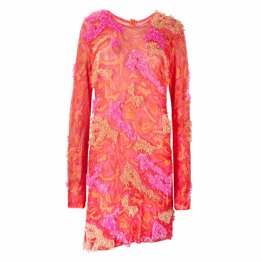 Mesh long sleeved mini dress in pink color with pink beading pattern for women