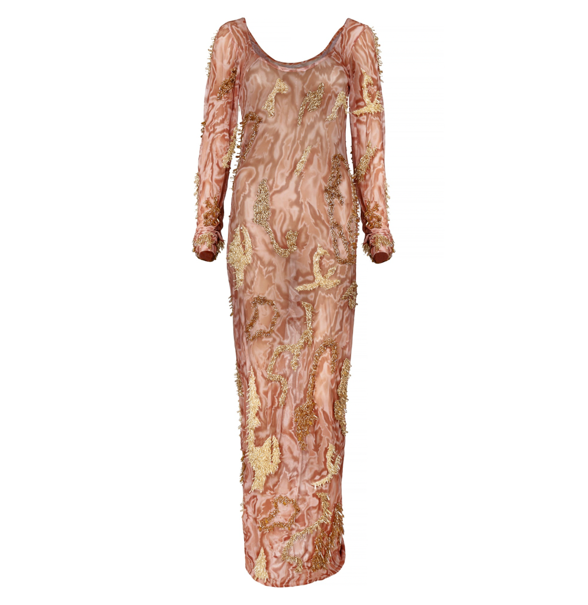 Mesh long sleeved, scooped neck, mini dress in nude color with gold beading pattern for women