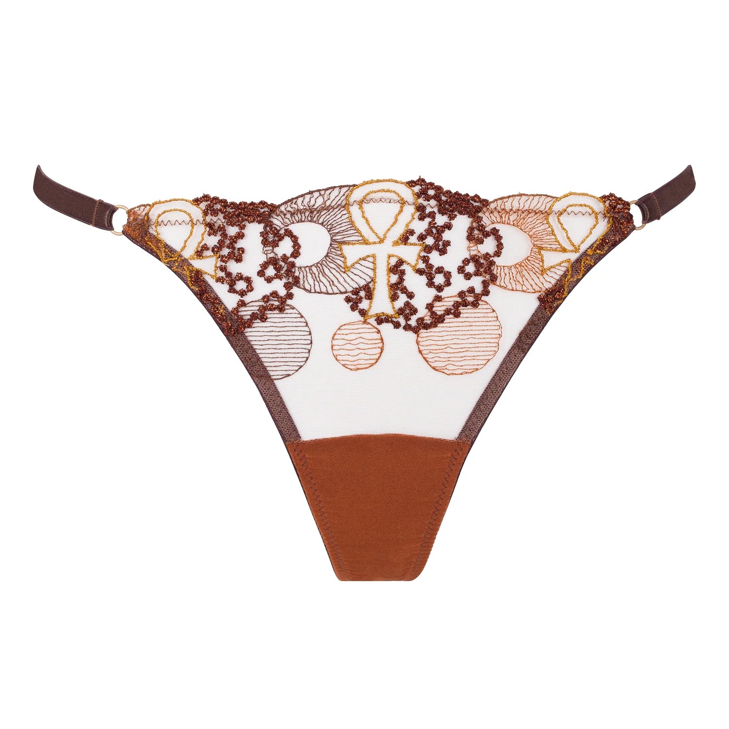 Gold and brown embroidered lace thong underwear for women