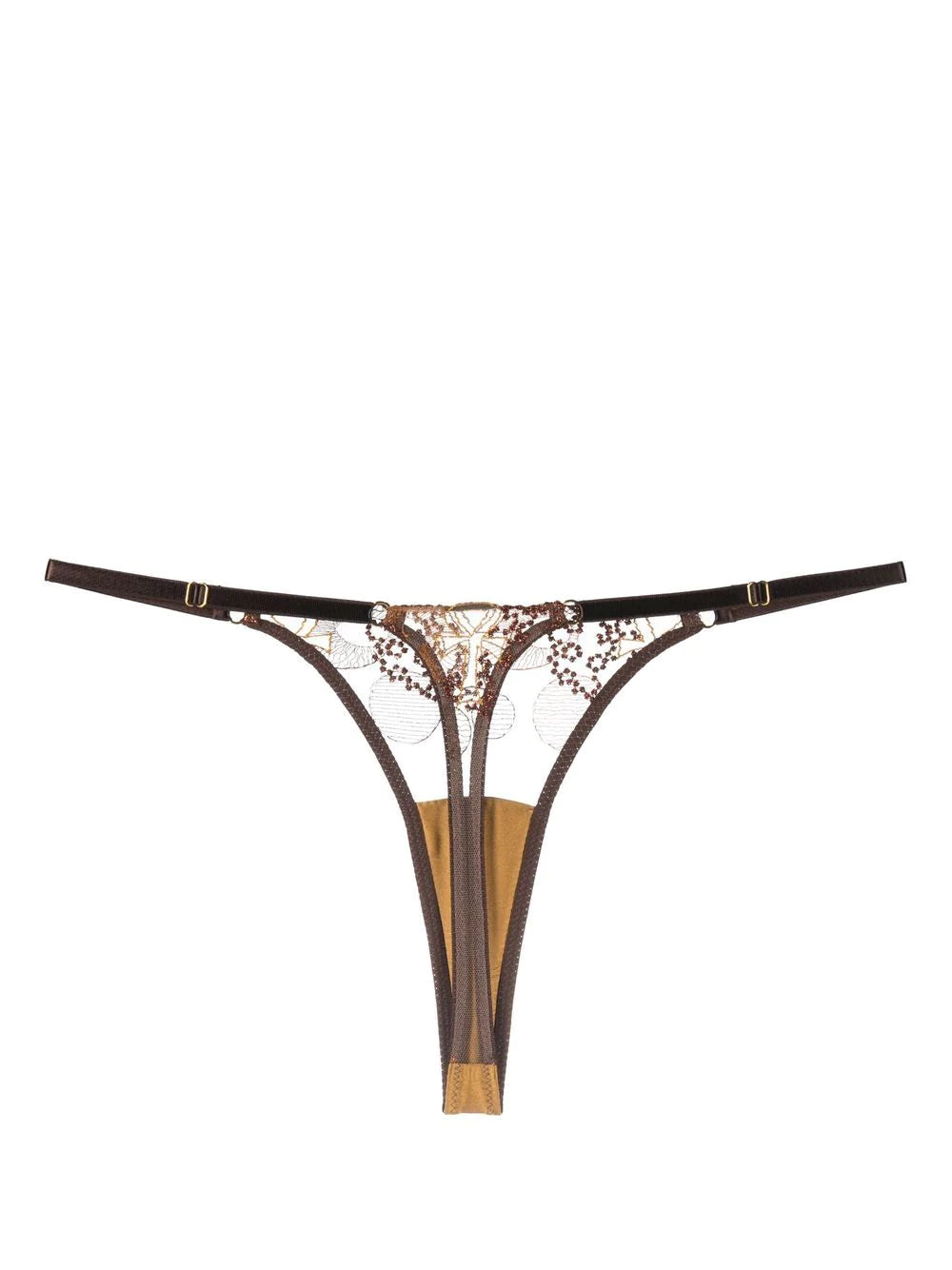 Gold and brown embroidered lace thong underwear for women